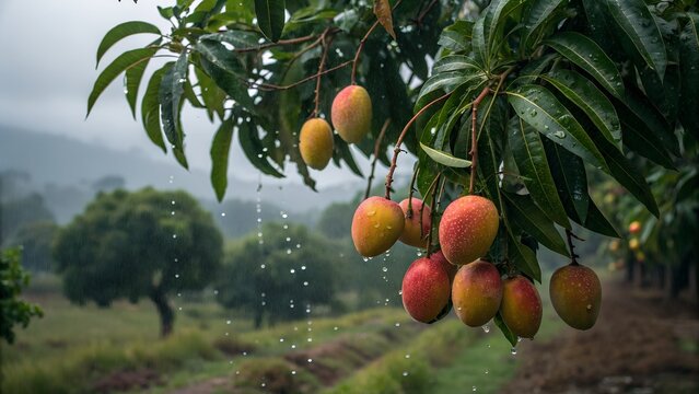 Full Haden Mango Tree in Rainy Dark Weather with Water Droplets