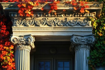Obraz premium Architectural doorway with intricate carvings, flanked by ornate pillars, and adorned with vibrant autumn foliage creating a beautiful, classical scene.
