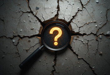 Cracked Surface Revealing Question Mark with Magnifying Glass – Symbol of Breakthrough, Discovery, and Root Cause Analysis