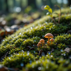 Close-Up of Moss and Tiny Mushrooms on Forest Floor with Morning Dew Glistening in Sunlight and Shallow Depth of Field