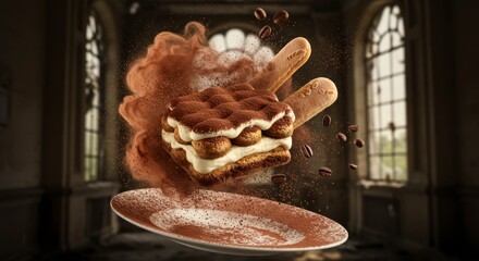 Tiramisu Delight: A Decadent Italian Dessert Suspended in Time with Coffee Beans and Cocoa Dust