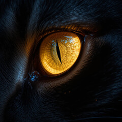 Extreme Close-Up of Cat’s Eye Glowing in the Dark with Light Reflections and Detailed Surrounding Fur