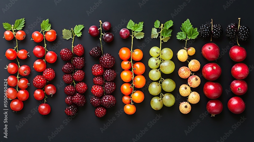 Poster A flat lay of different types of berries and grapes arranged on a black surface top view