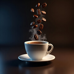Premium Coffee Aesthetic – White Cup, Rising Steam, and Roasted Beans