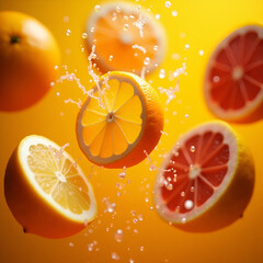 Fruit explosion – slices of citrus fruits spinning in air with light splashes of juice animated in slow motion