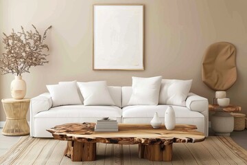 Fototapeta premium A warm living room setting featuring a white sofa, natural wood coffee table, and neutral tones