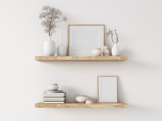 Two wooden shelves display a variety of decorative items and empty frames
