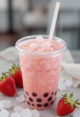 Refreshing Strawberry Bubble Tea in a Clear Cup with Tapioca Pearls