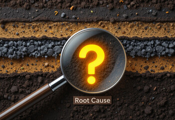 Root Cause Analysis Concept – Cross-Section of Soil Layers with Question Marks and Magnifying Glass Discovering Glowing Core