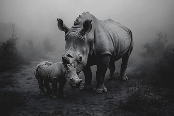 A Mother Rhino Protectively Nudges Her Calf on the Dusty Plains