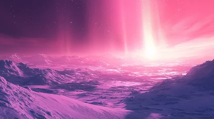 Selbstklebende Fototapeten Pink aurora borealis, morthern lights over ice and snow landscape © anjum