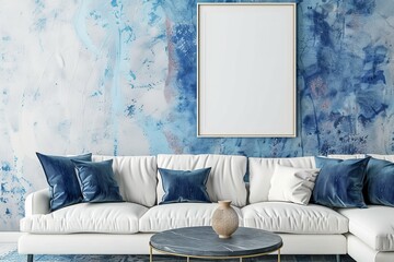 A chic living room boasting a large white sofa with blue pillows, an elegant marble table, and abstract blue wall murals against framed art