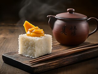 A Minimalist Dish with a Rice Dumpling Dessert and a Mango Sauce