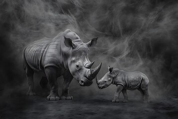 A Rhino Mother Nudging Her Calf Protectively on the Dusty Plains