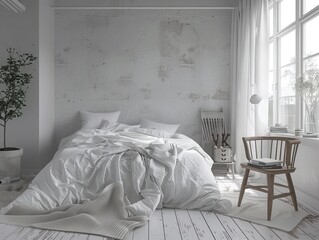 Contemporary bedroom featuring a cozy unmade bed, wooden chair, and soft natural light through large windows for a tranquil setting