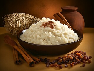 Rice Pudding with Cinnamon and Raisins in a Cozy Bowl Setup