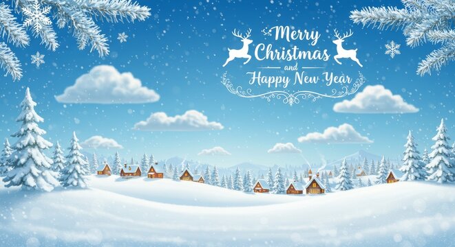 Festive Winter Village Scene Background with Snow and Holiday Greetings