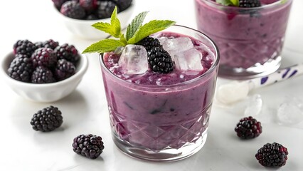 raspberry and blackberry smoothie with mint leaves isolated on a white background