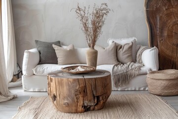 This image depicts a comfortable living room with a simple color palette, featuring a sofa, pillows, and rustic wood elements