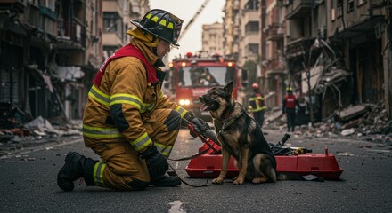 Firefighter with German Shepherd Dog During Disaster Search and Rescue Photo