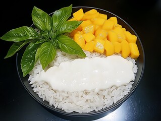 A Rice Dumpling Dessert on a Minimalist Dish with a Mango Sauce