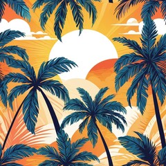 Vibrant Tropical Sunset Palm Trees and Golden Hues Illustration