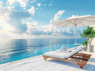 Obraz premium Serene vacation vibe in an outdoor seaside setting with a comfortable lounger and pristine views