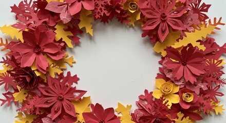 Obraz premium Floral Paper Wreath Illustration of Red and Yellow Autumn Leaves and Flowers on White Background