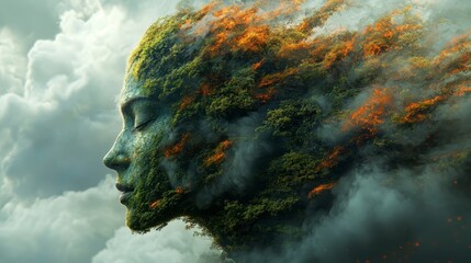 Ethereal face blends with nature, clouds and fire, evokes surreal harmony