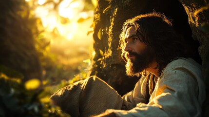 Resurrection of Jesus: Easter morning, glowing light surrounds the risen Savior in digital watercolor painting