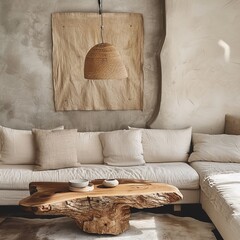 A rustic and serene living space, focusing on a unique wooden coffee table and a woven hanging lamp against a neutral background
