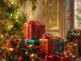 A festive scene with multiple Christmas presents wrapped in colorful papers and tied with ribbons beside a beautifully decorated Christmas tree