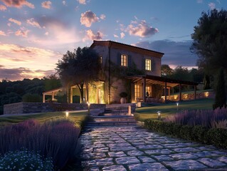 This image depicts a stately country home with illuminated windows set in a twilight scene, featuring a stone pathway and lush lavender garden