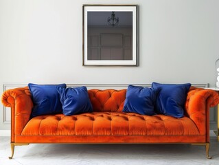 A sophisticated interior featuring an orange velvet chesterfield sofa adorned with deep blue cushions, placed against a simple white wall with framed art