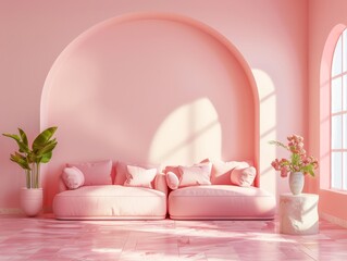 Fashionable pink interior design with comfortable couch and elegant plant decorations