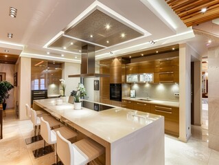 Luxurious kitchen boasting state-of-the-art appliances, elegant wooden fixtures, and ambient lighting