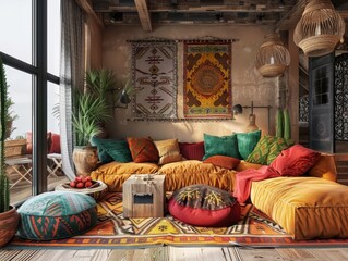 A lively and culturally rich lounge area adorned with colorful textiles, patterns, and a variety of plush seating options
