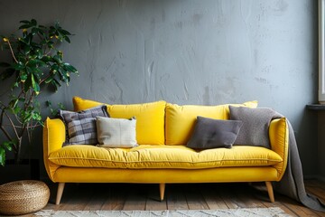 A stylish interior featuring a bright yellow couch with mixed patterned cushions and a rustic touch
