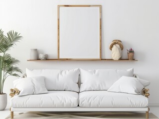 Elegant white themed living space with a minimalist design and natural green plant accents