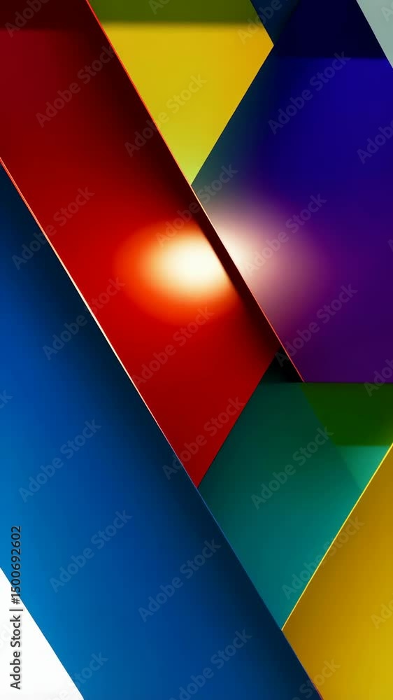 Poster abstract geometric composition featuring bright, vivid primary colors and a central light source, cr