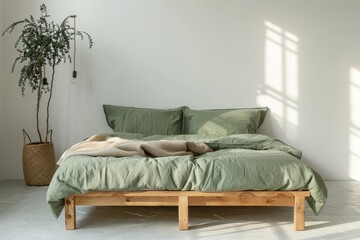 A serene bedroom with natural lighting and soft green linen on a wooden bed, exuding calmness and simplicity The minimalistic approach brings an intimate and comfortable atmosphere, focusing on the p