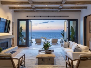 A luxurious coastal living room with white sofas, wooden beams and a stunning ocean view through large windows