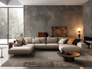 Elegant interior with a beige sofa set in a modern living room with a sophisticated minimalist design