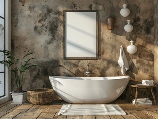 A charming rustic-style bathroom featuring a standalone bathtub against a textured wall, with warm lighting