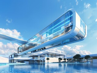 An ultramodern monorail station gleaming under the sun over clear blue waters, reflecting advanced architectural design and forward-thinking city planning