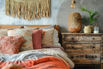 A warm and inviting bedroom featuring a mix of textures and patterns, with woven wall art, wooden furniture, and decorative pillows showcasing bohemian chic