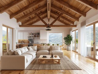 A capacious and well-lit living room boasting a comfortable seating arrangement, wooden ceiling, leading to a scenic view of mountains through large glass windows
