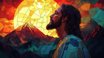Stained Glass Illustration of Jesus with Mountain Background