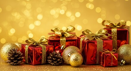 Festive Christmas Gifts in Red and Golden Hues with Bokeh Photo