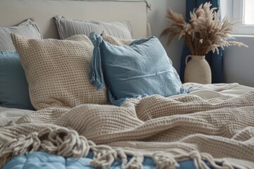 A cozy, inviting bed adorned with textured bedding in a palette of soothing blues and neutrals